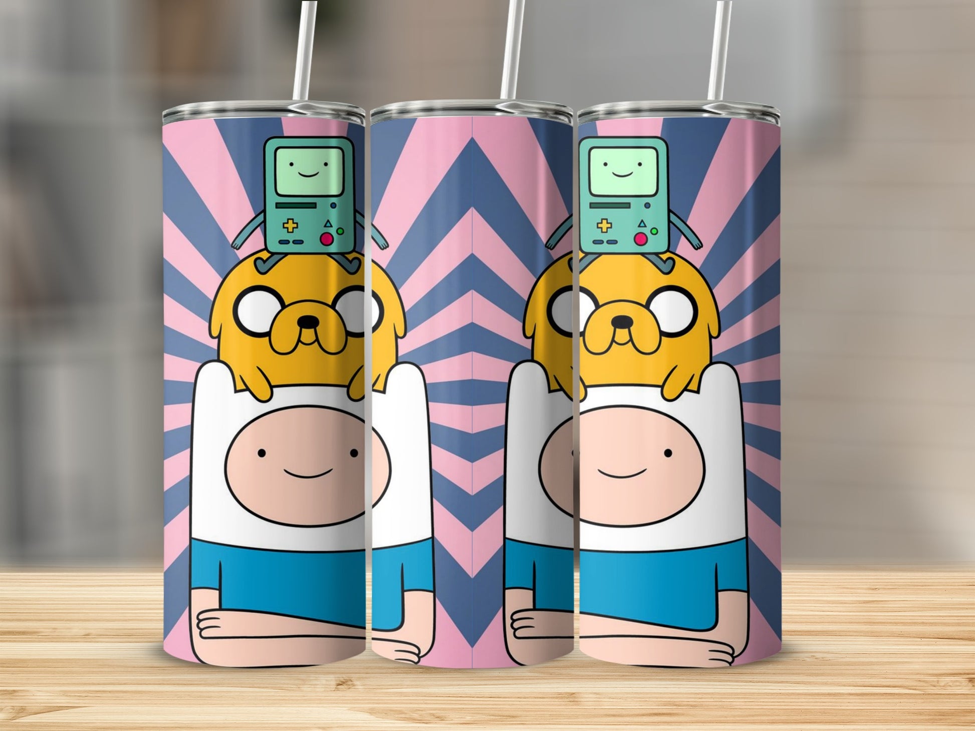 Cartoon Characters Pattern on Pink and Blue Striped Tumbler