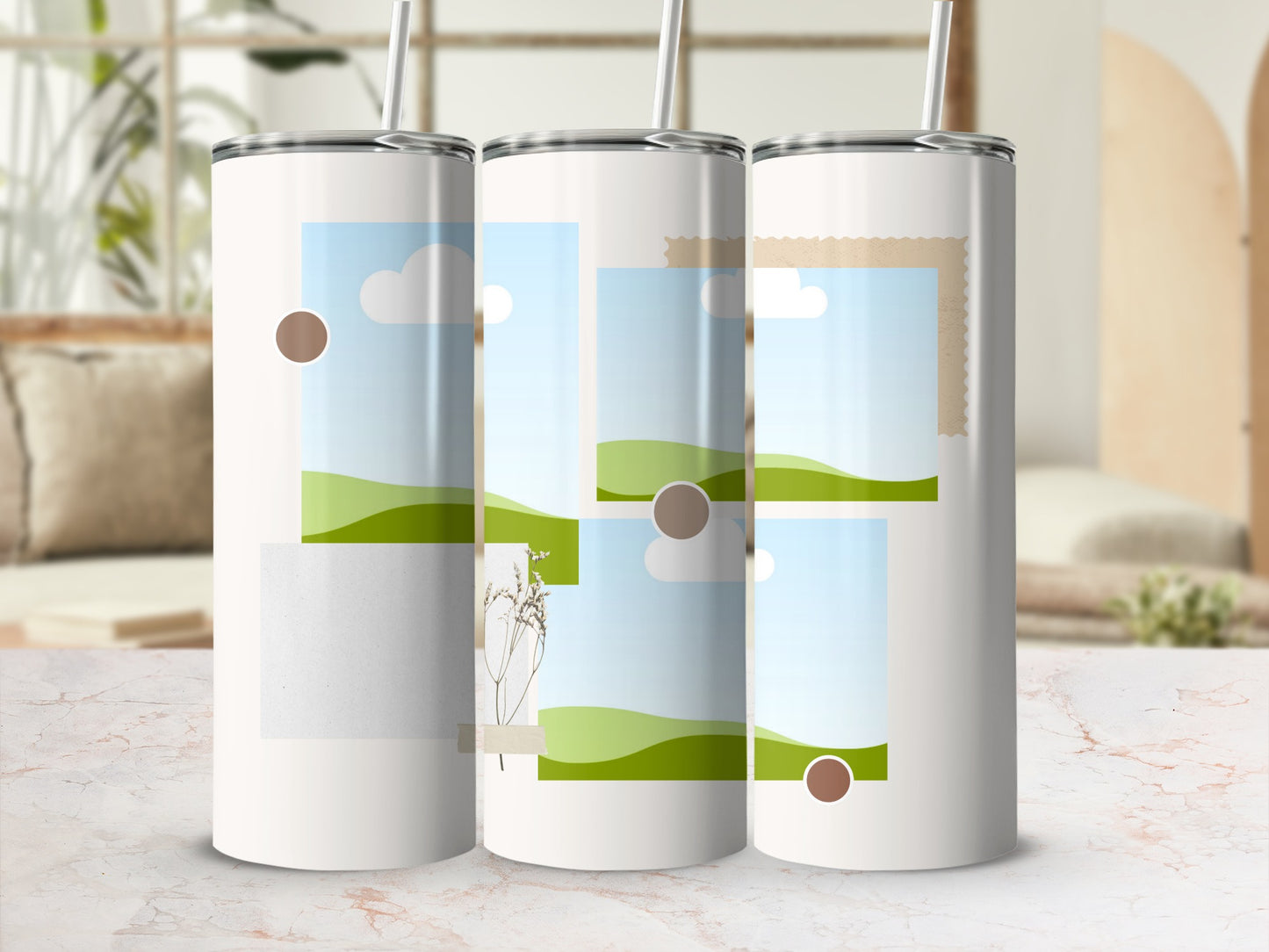 Three white tumblers with straw, decorated with landscape scene frames.
