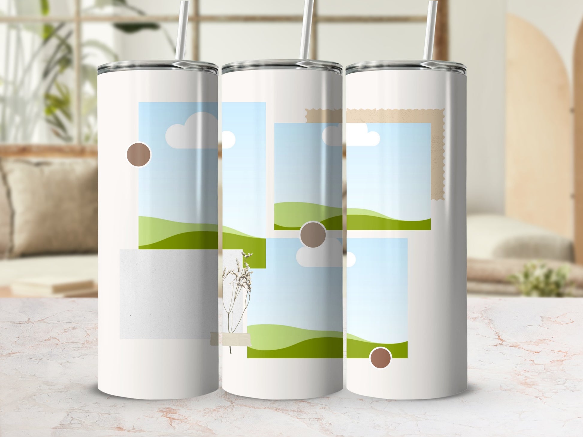 Three white tumblers with straw, decorated with landscape scene frames.