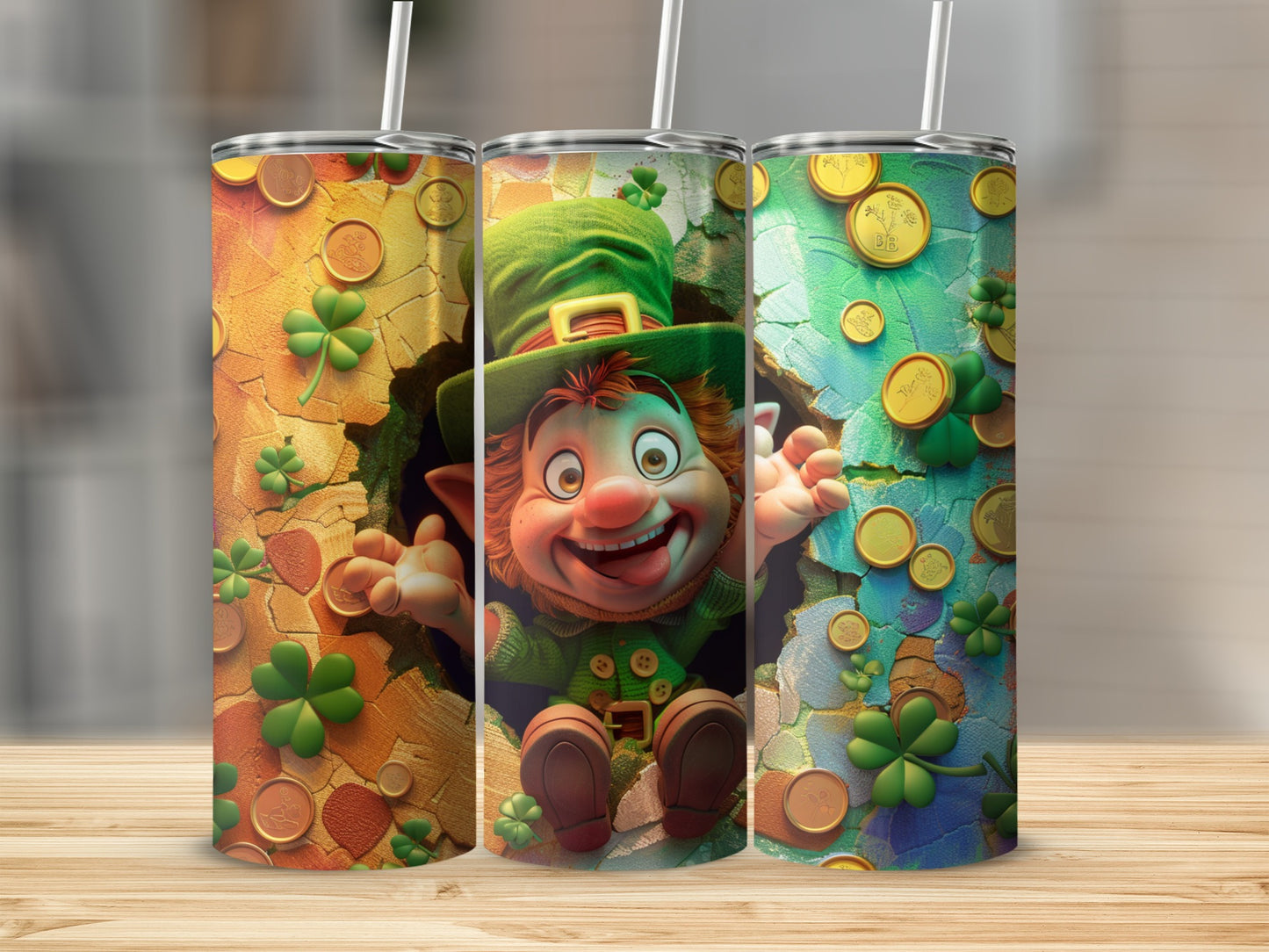 Leprechaun emerging from hole surrounded by shamrocks and gold coins.