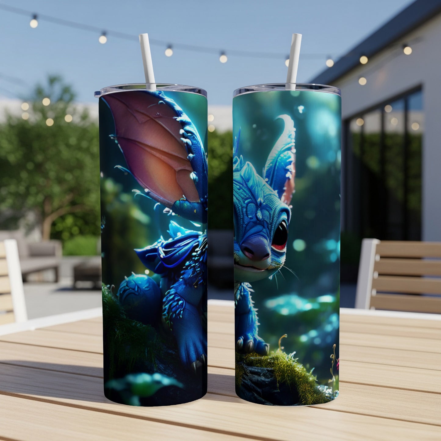 Two blue fantasy creatures with wings and scales on a cylindrical tumbler.