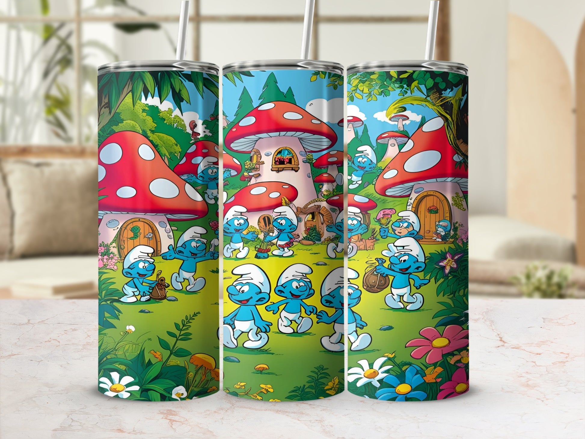 Smurfs gathering outside mushroom houses in a colorful forest scene.