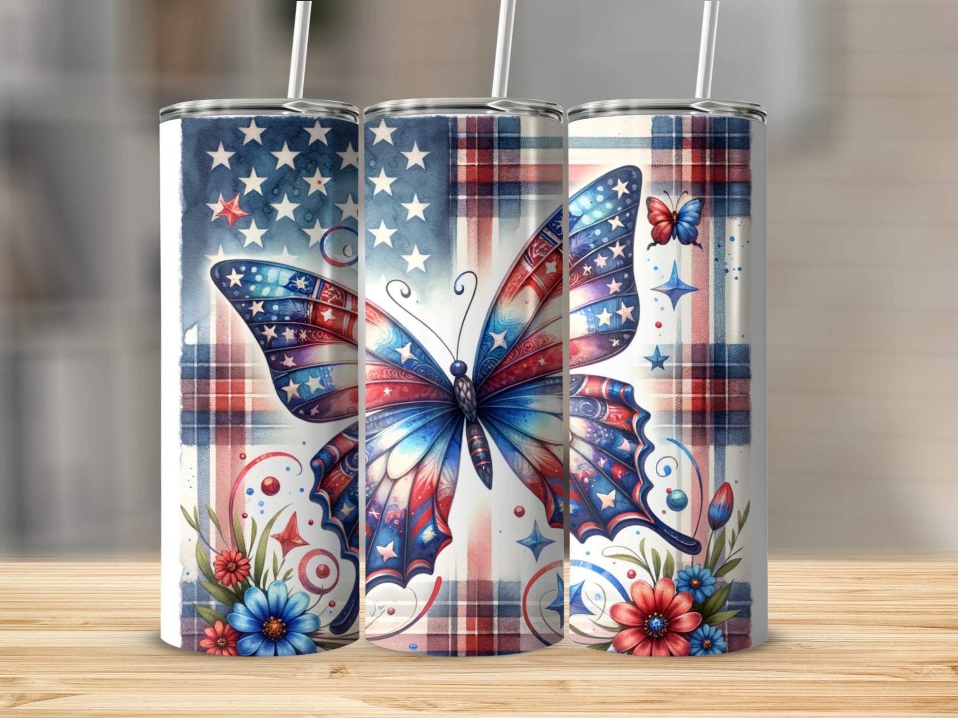 Tumbler with a butterfly and American flag design, plaid background.