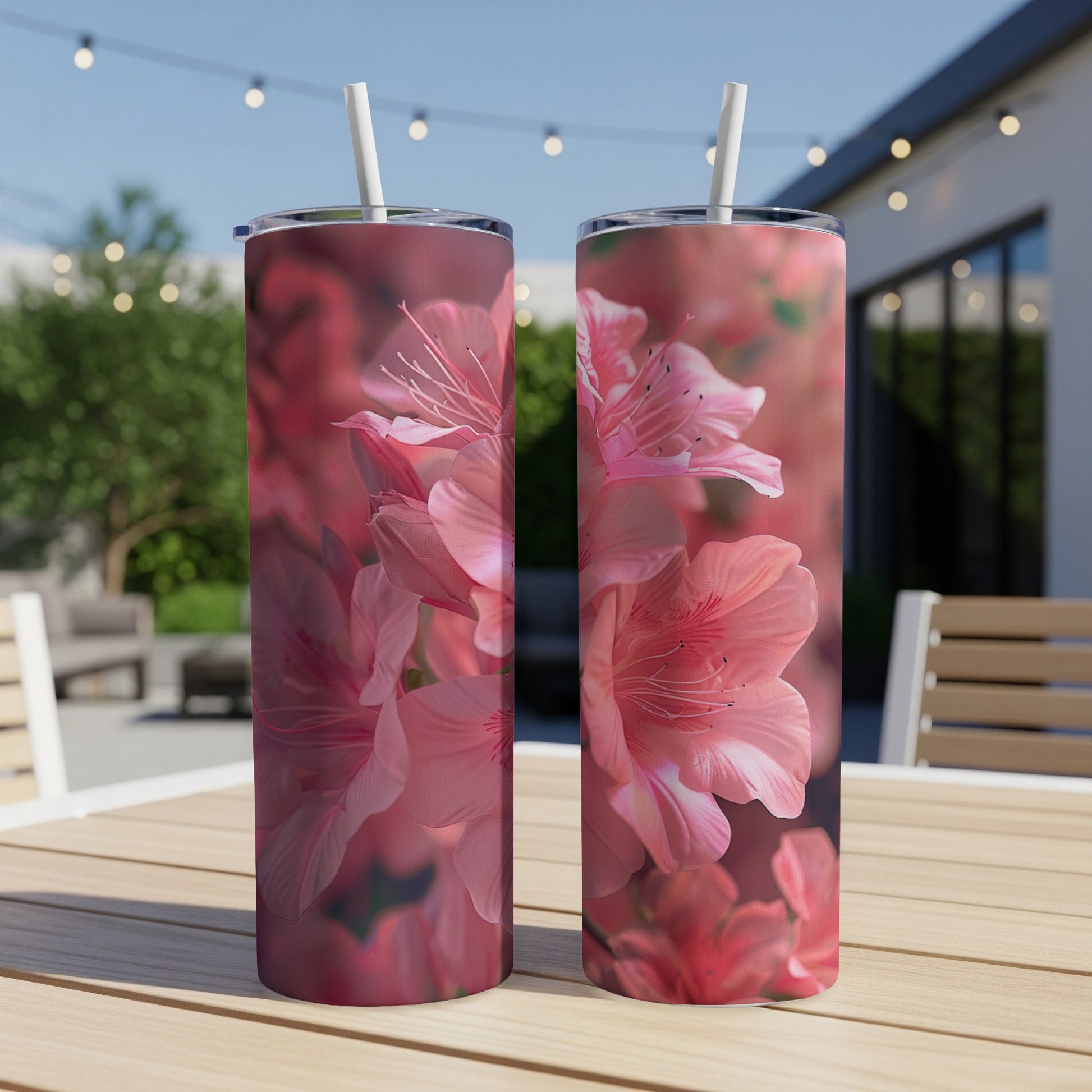 Two tumblers with a close-up of pink azalea flowers against a blurred outdoor background.