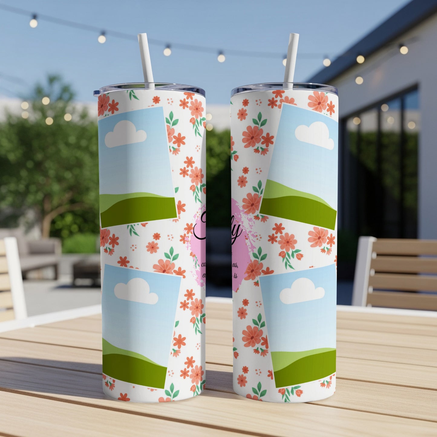 Two tumblers with a floral pattern and photo collage of landscapes.