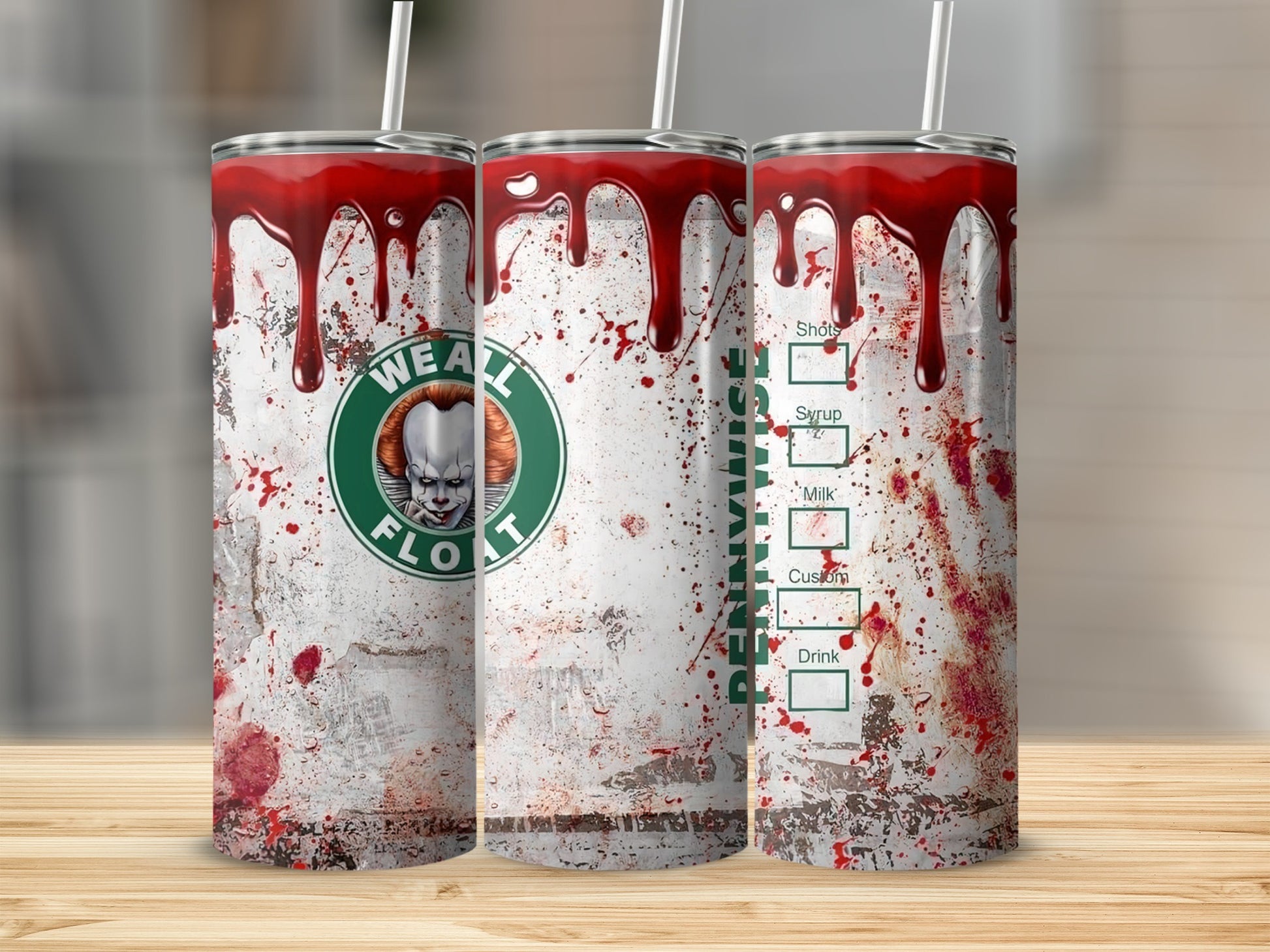 Three tumblers with Pennywise, blood drips, and faux Starbucks order labels.