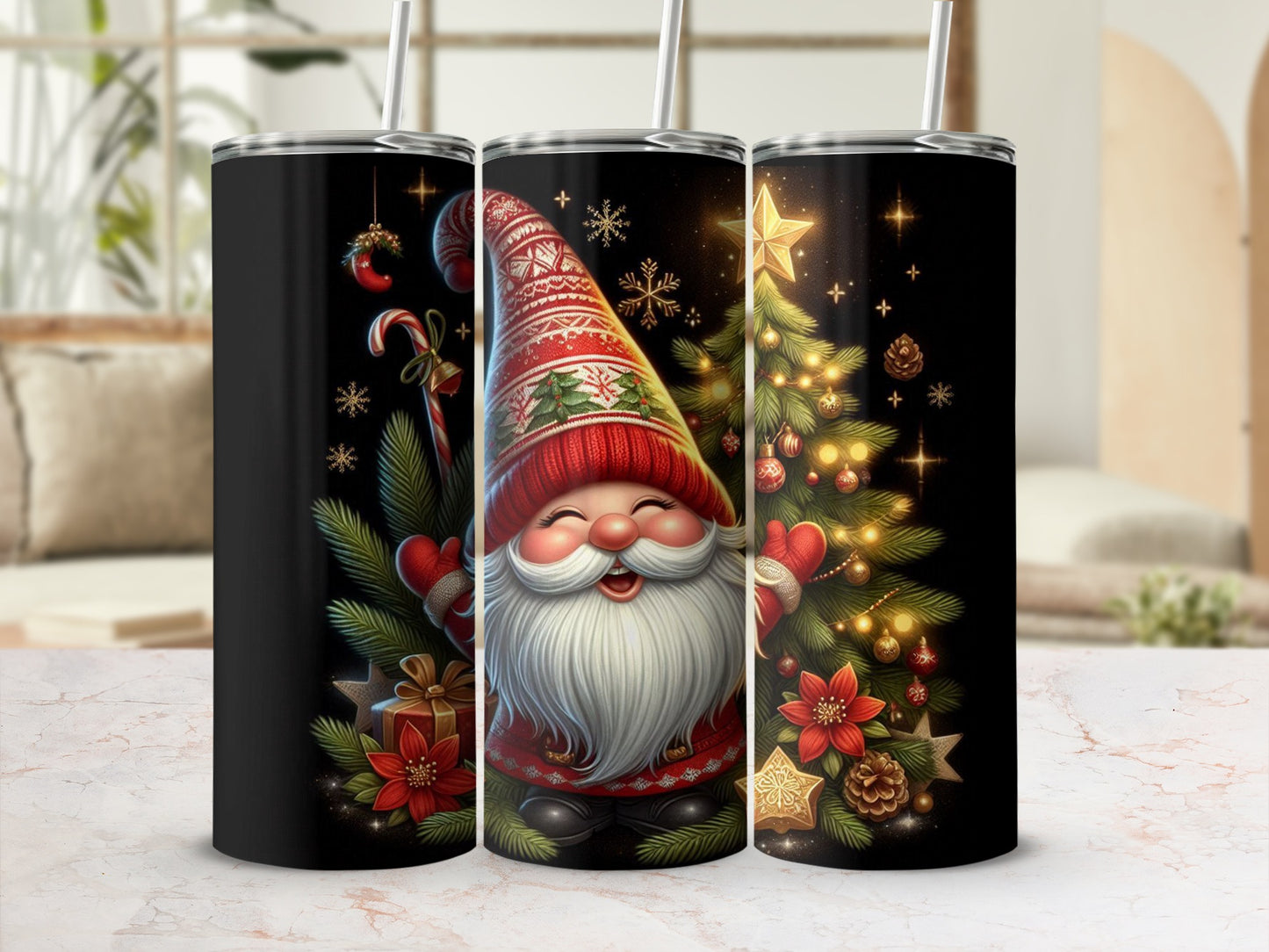 Gnome in festive hat with Christmas tree, ornaments, and candy cane.