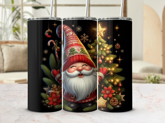 Gnome in festive hat with Christmas tree, ornaments, and candy cane.