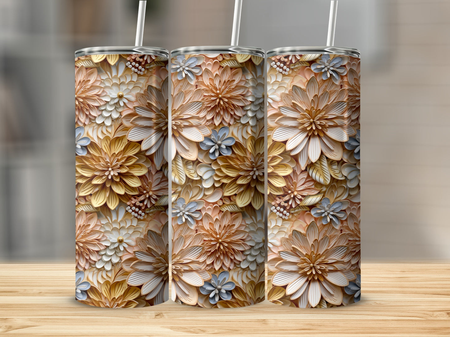 Elegant Floral Patterned Tumbler with Straw Cup