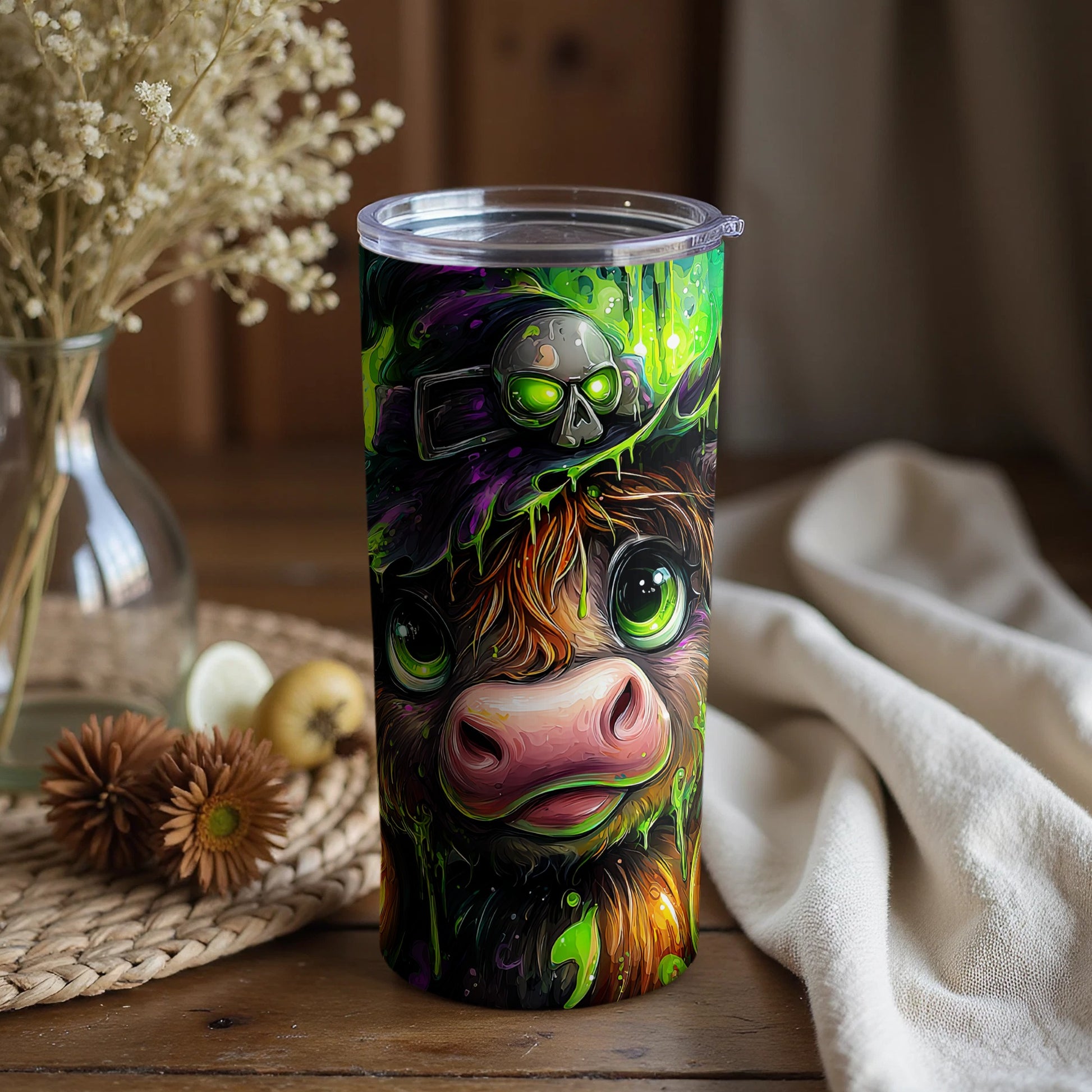 Cute Highland Cow with Skull Cap Tumbler Cup