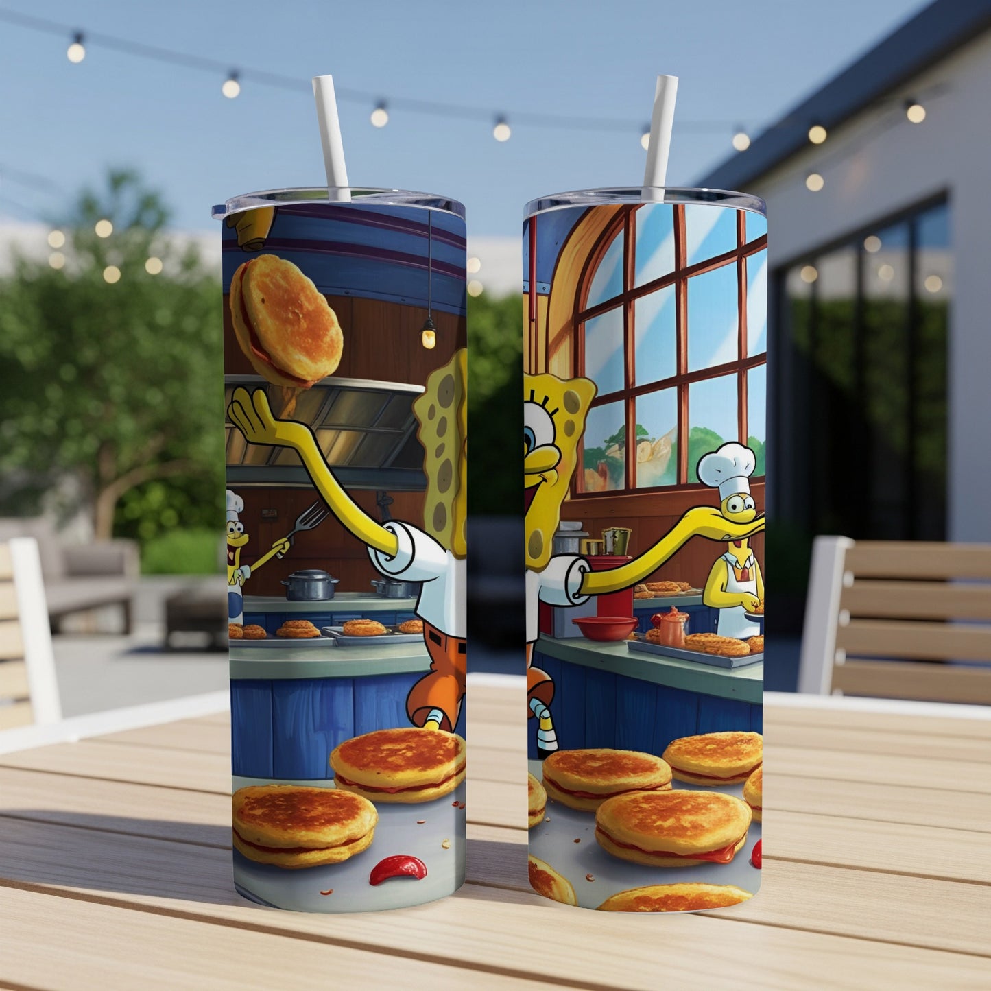 SpongeBob SquarePants flipping pancakes in a kitchen scene on two tumblers.