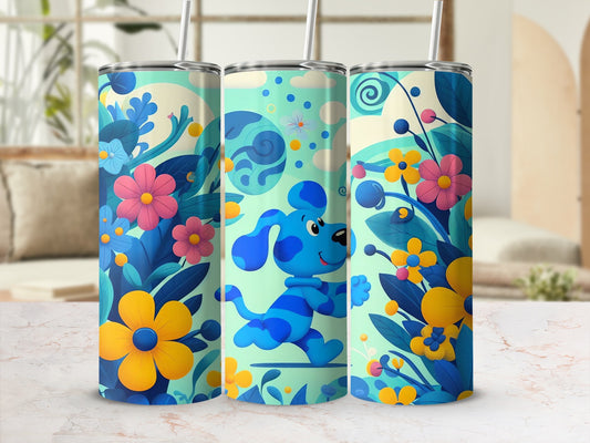 Colorful Floral Blue Dog Cartoon Stainless Steel Tumbler