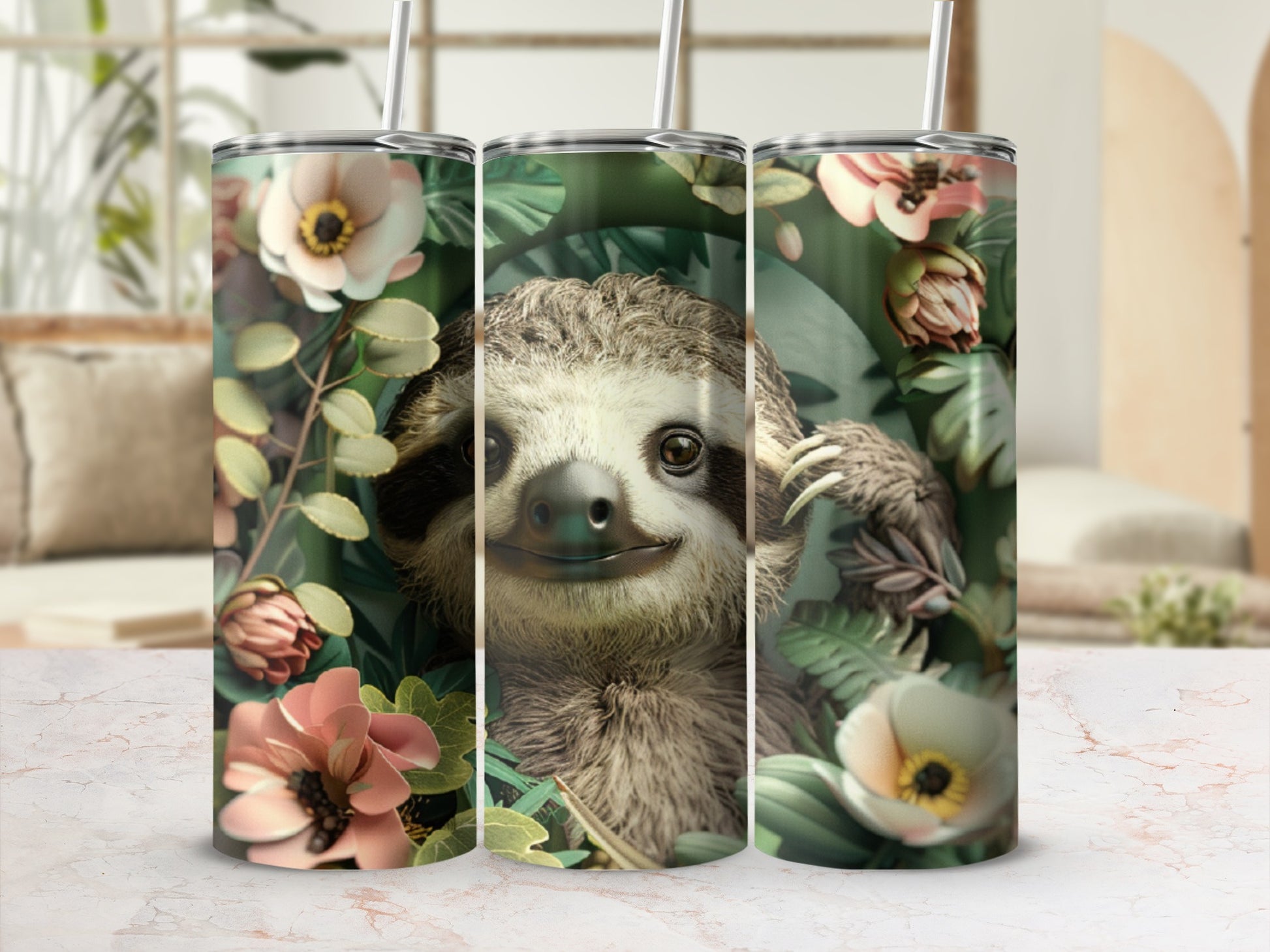 Sloth peeking through tropical leaves and flowers.
