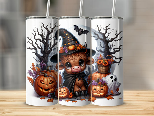 Three Halloween-themed tumblers featuring a cute cow, pumpkins, and a ghost.