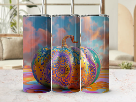 Tumbler with colorful psychedelic pumpkin pattern on a marbled surface.
