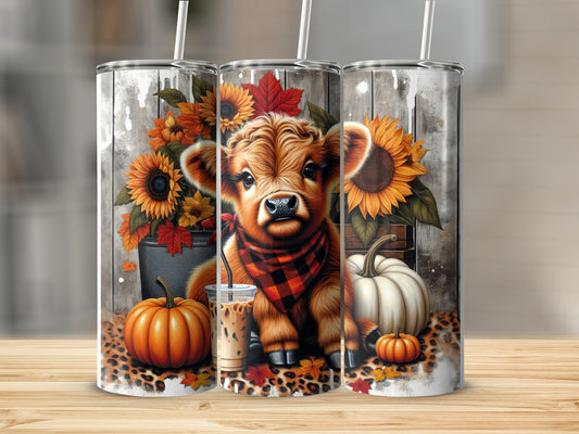 Cow with sunflowers and pumpkins wearing bandana, autumn theme tumbler.
