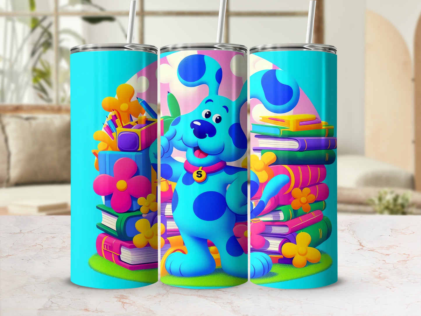 Cartoon Blue Dog and Flower Print Insulated Travel Tumbler