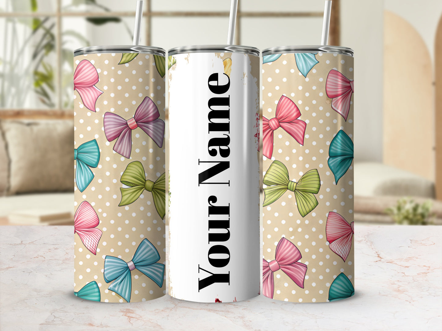 Personalized Polka Dot Bows Tumbler with Straw