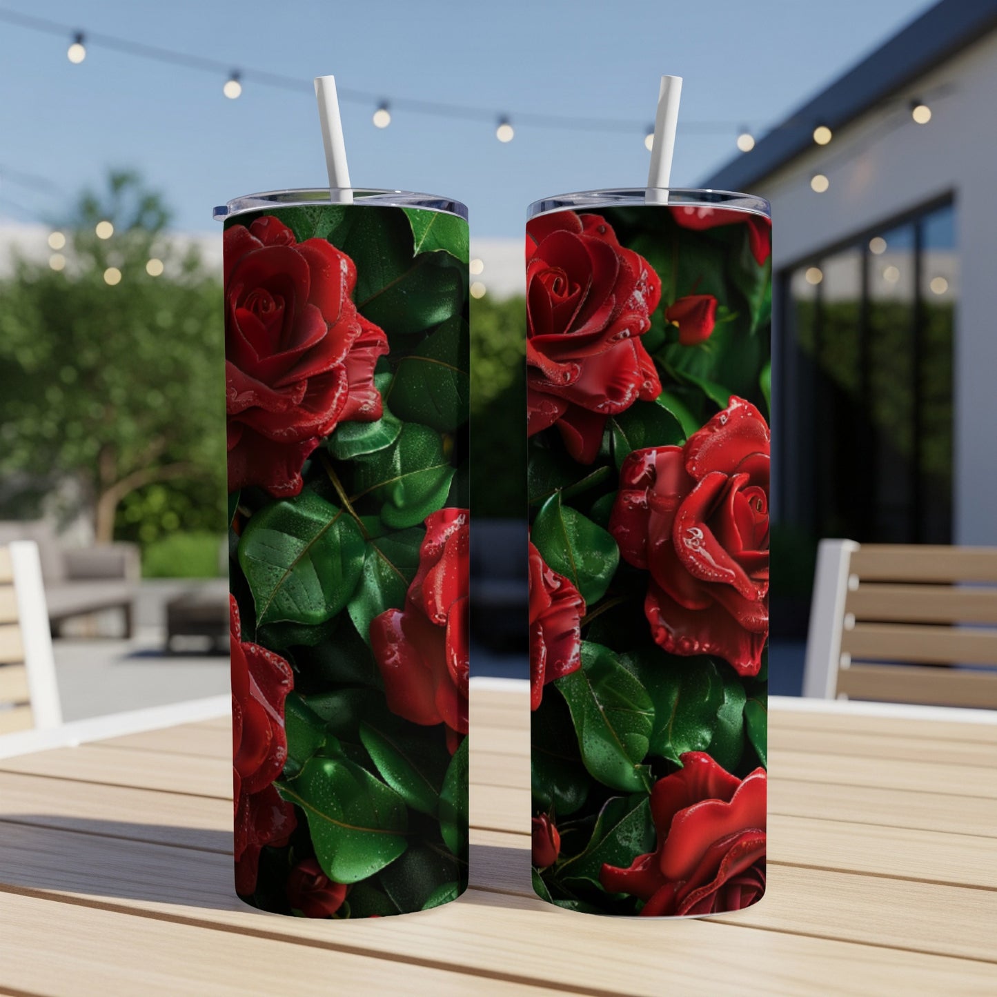 Two tumblers with a red rose and green leaf pattern on a table.