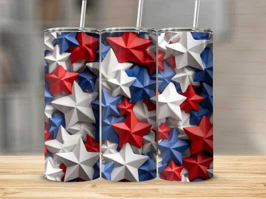 Three tumblers with red, white, and blue stars pattern.