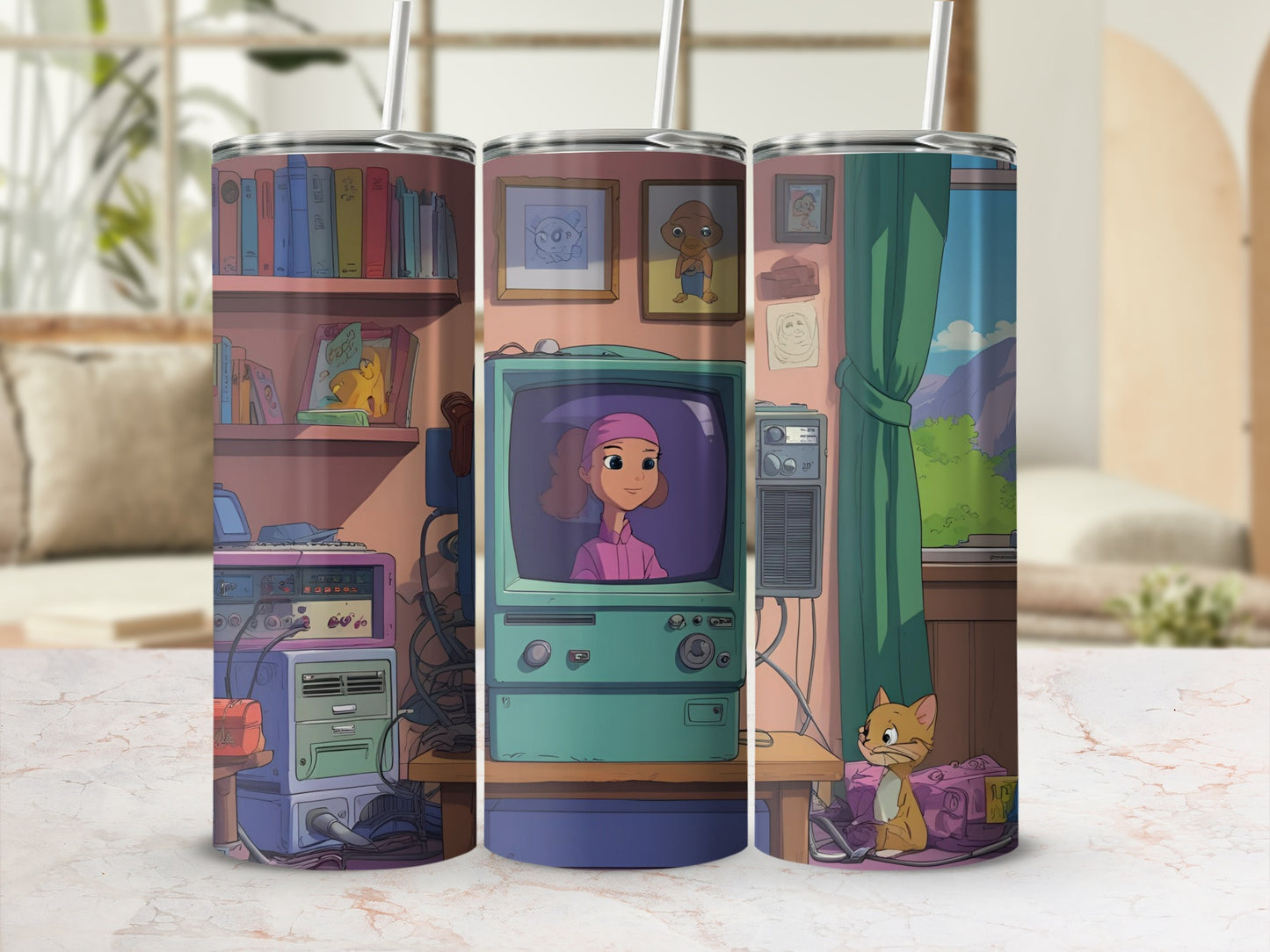 Delightful Animated Home Scene Tumbler with TV and Cat
