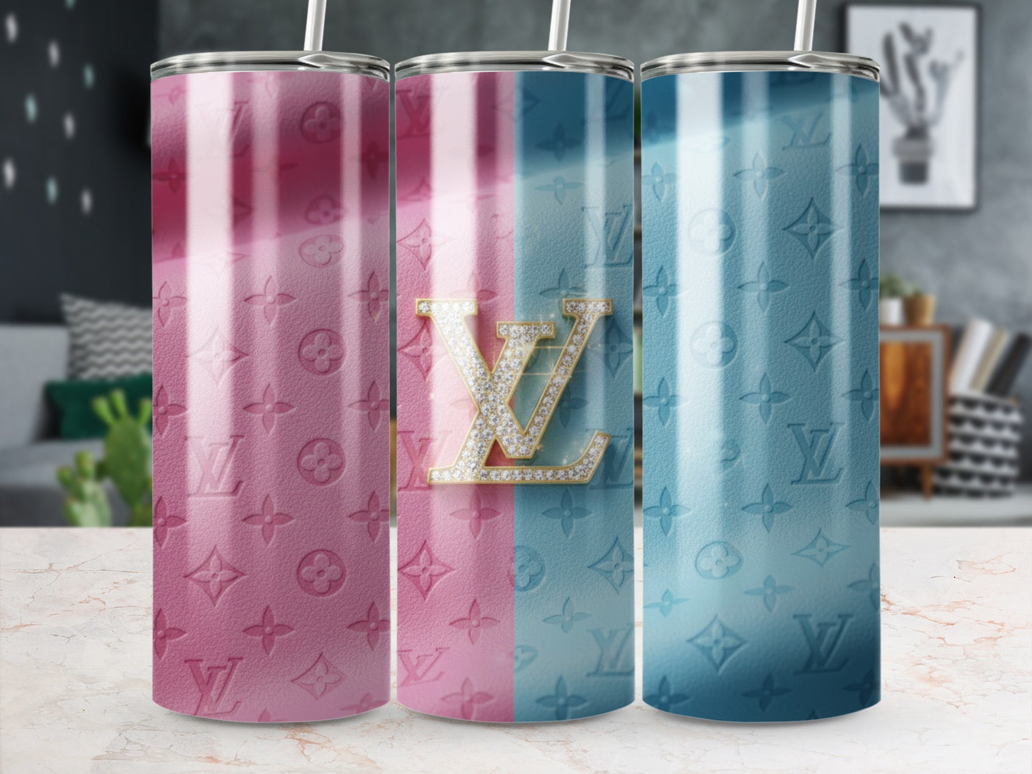 Elegant Pink and Blue Gradient Tumbler with Logo Design