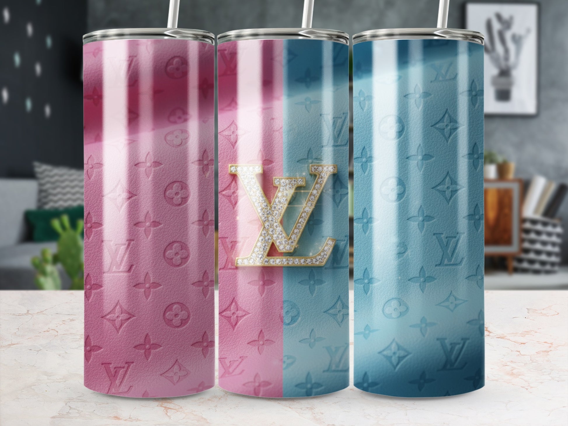 Elegant Pink and Blue Gradient Tumbler with Logo Design