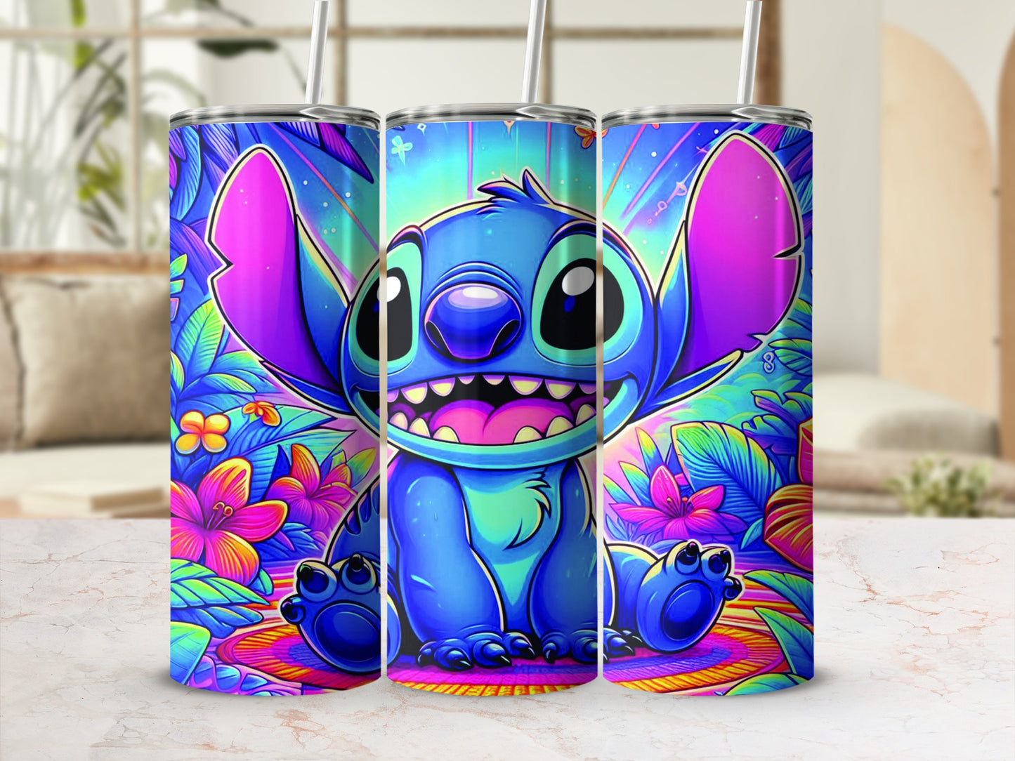 Stitch character with colorful tropical flowers and leaves on a tumbler.