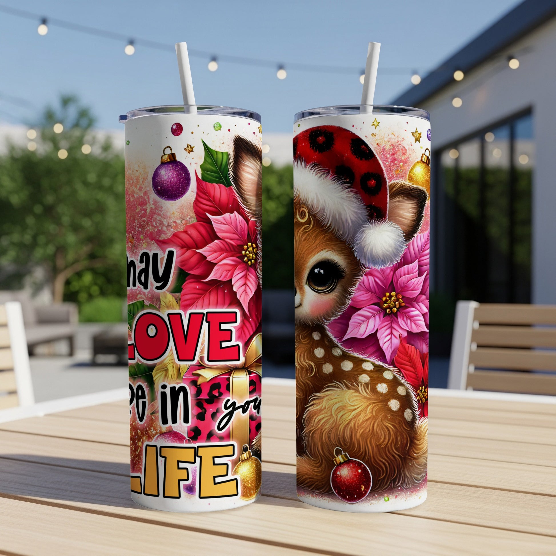 Christmas reindeer tumbler with "May LOVE grow in your LIFE" text.