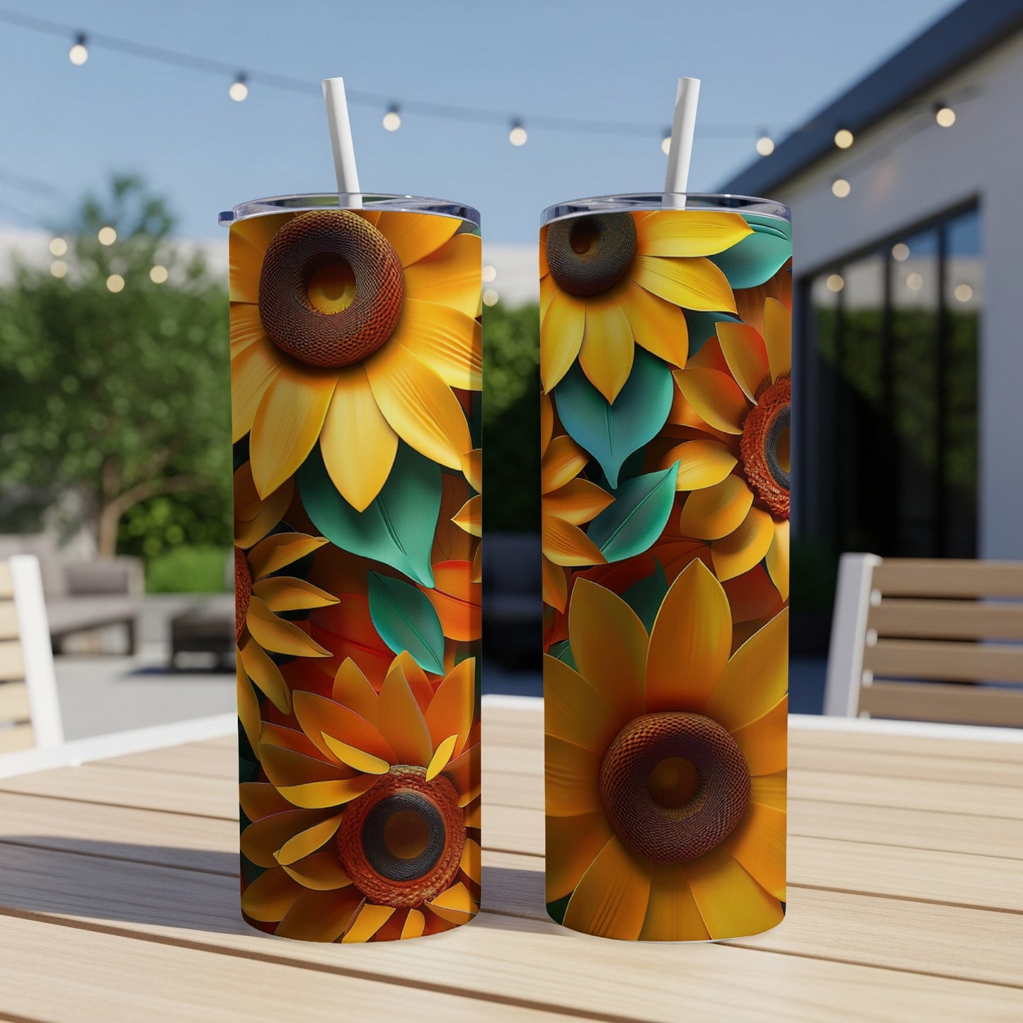 Two tall tumblers featuring a repeating sunflower and leaf pattern.