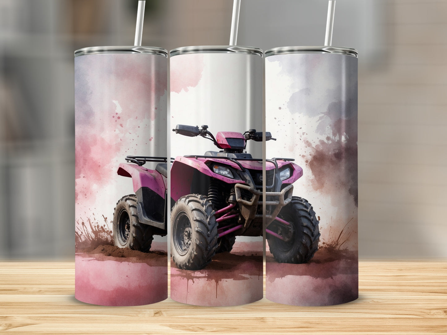 Pink ATV kicking up dirt on a watercolor background.