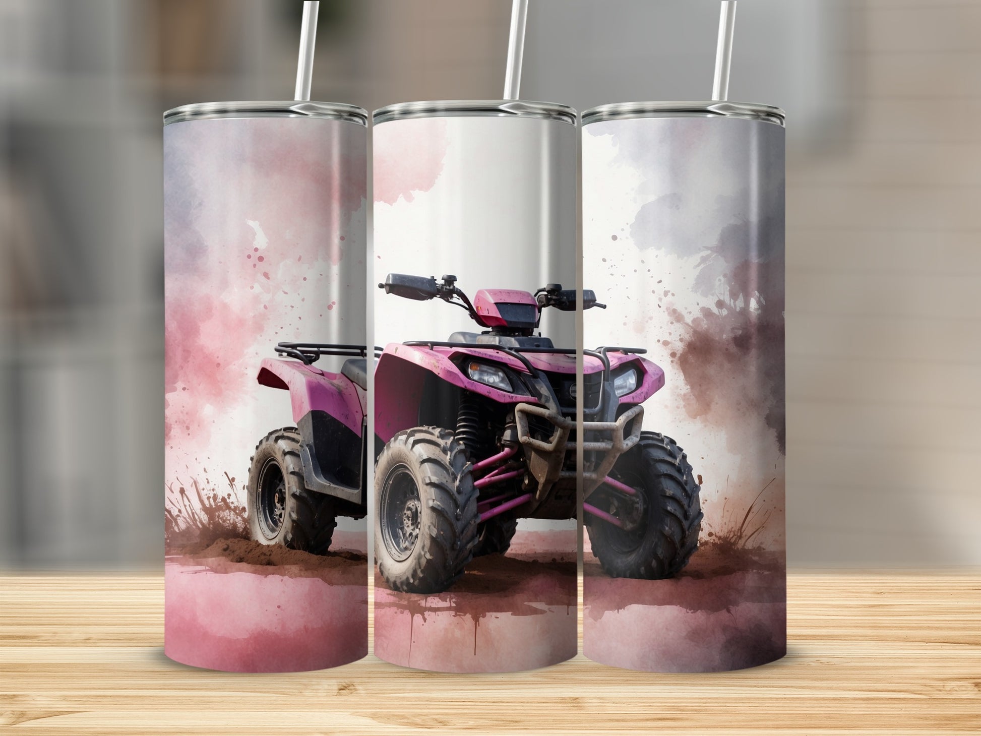 Pink ATV kicking up dirt on a watercolor background.