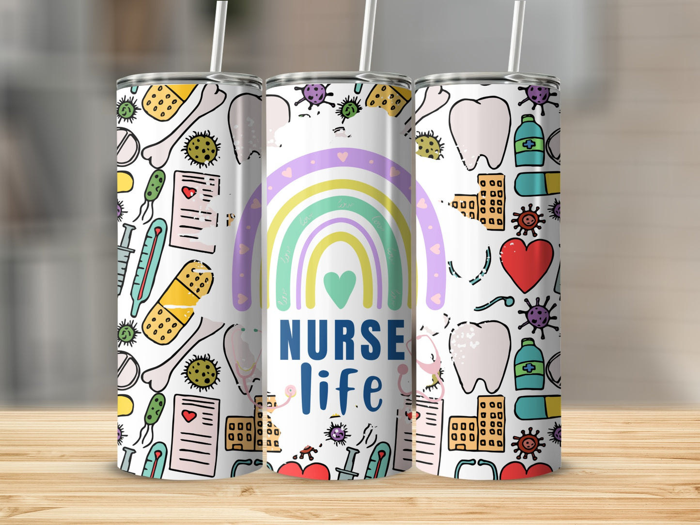 Tumbler with nurse-themed illustrations and "Nurse Life" text.
