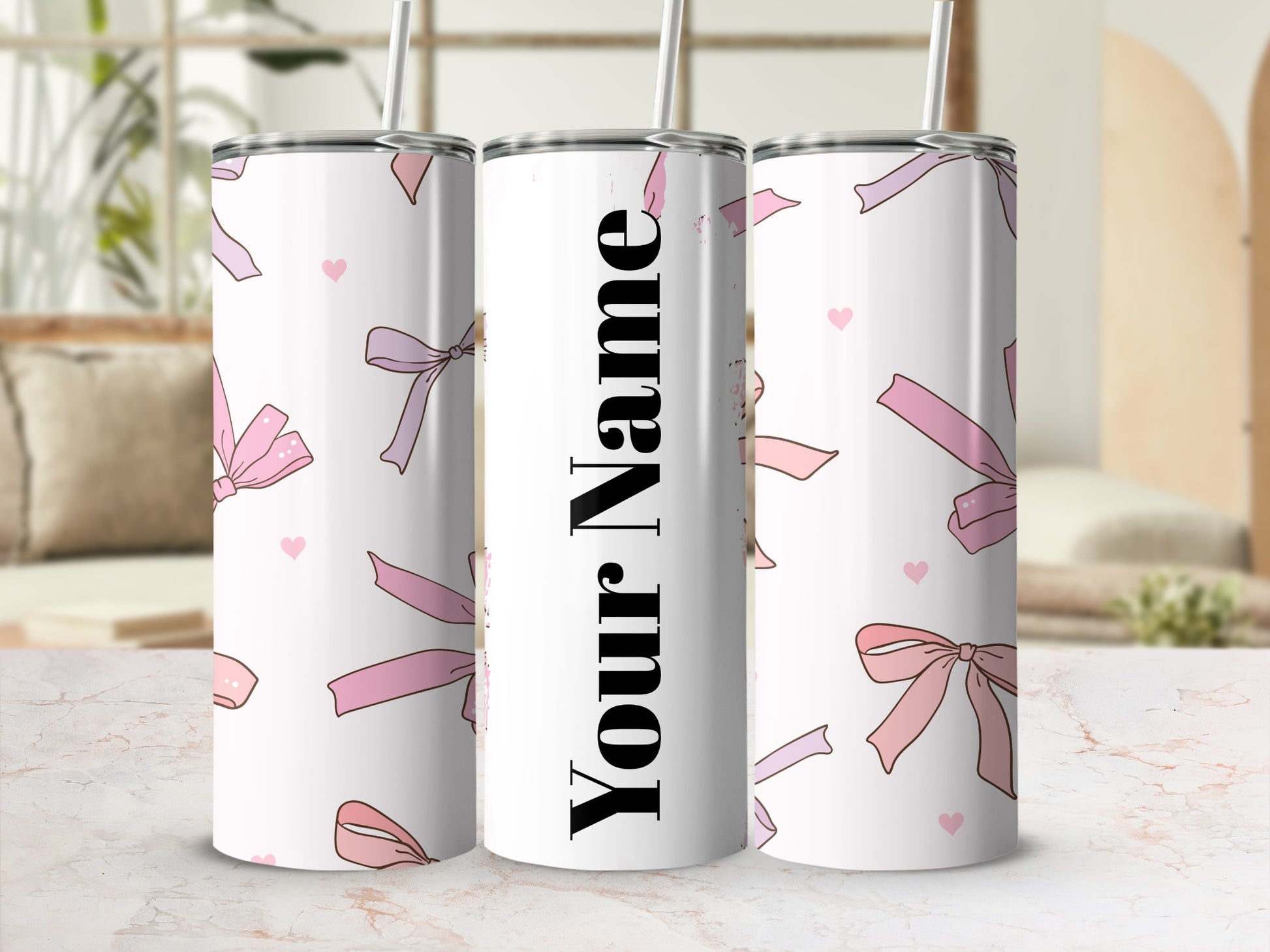 Customizable Pink Bow Pattern Tumbler with Heart Design