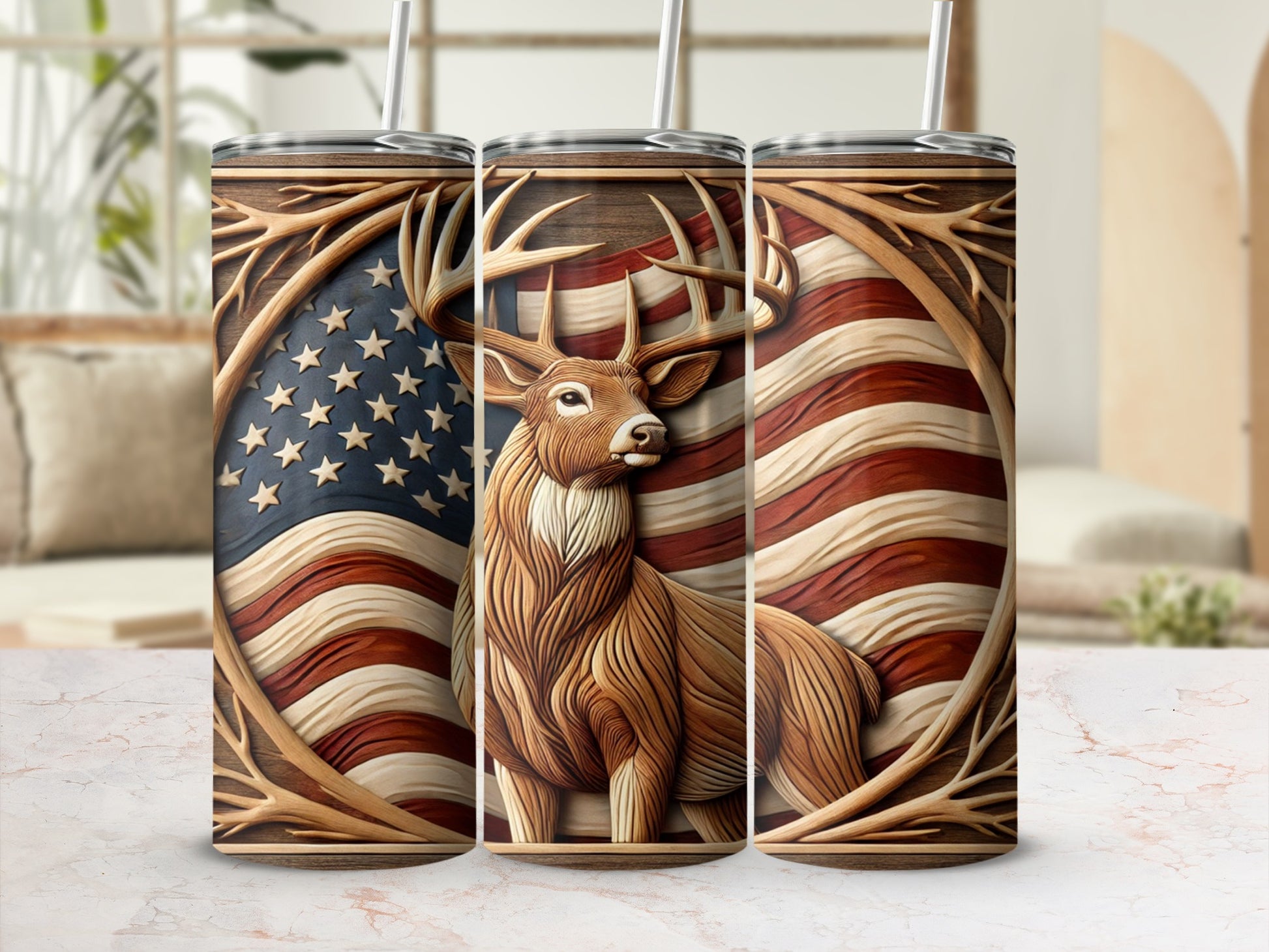 Sleek patriotic deer inspired insulated travel tumbler