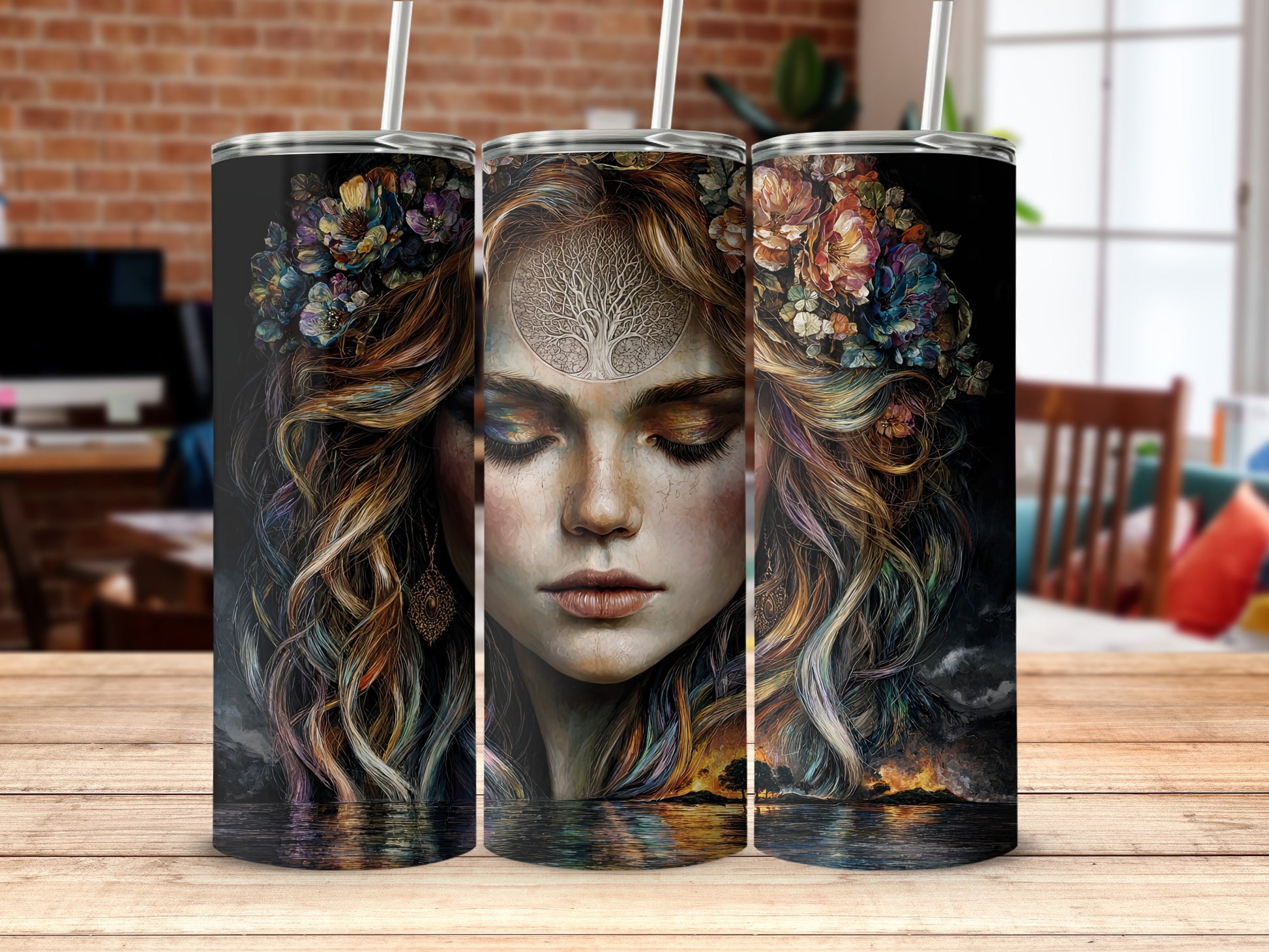 Intricate Floral Woman Design Tall Slim Drinkware