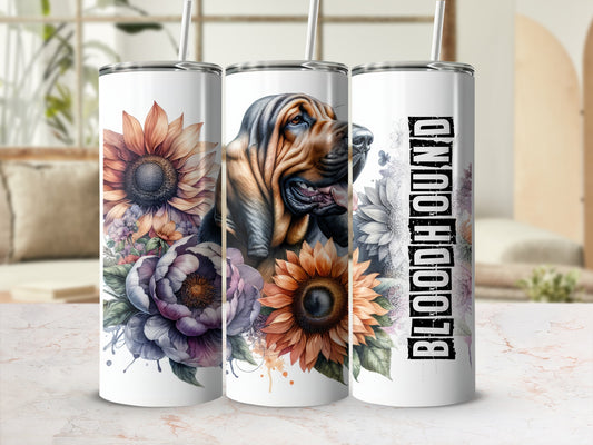 Three tumblers featuring a bloodhound, sunflowers, and floral arrangements.