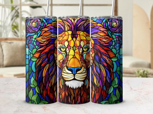 Tumbling tower of three tumblers featuring a colorful stained-glass lion face design.
