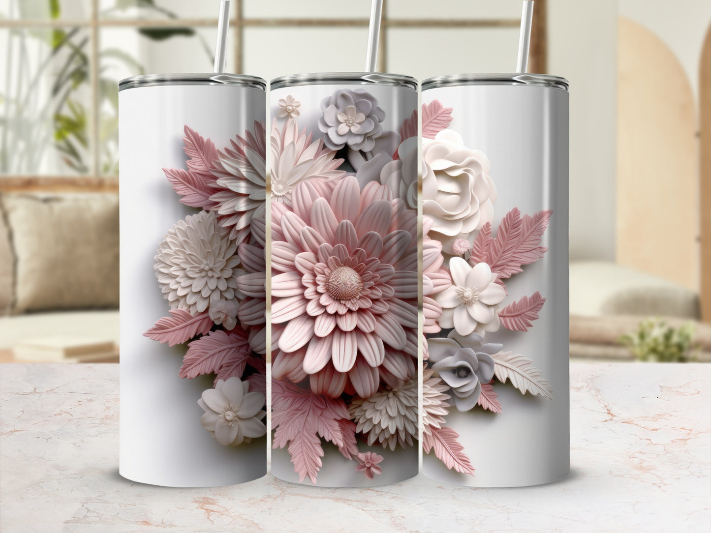 Three white tumblers adorned with detailed pink and white floral designs.