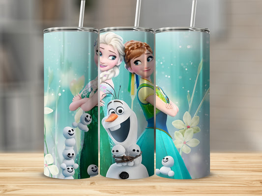 Olaf, Elsa, and Anna from Frozen on a teal tumbler with floral accents.