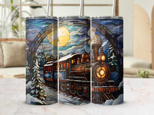 Steam train in snowy landscape under moonlit sky, stained glass pattern.