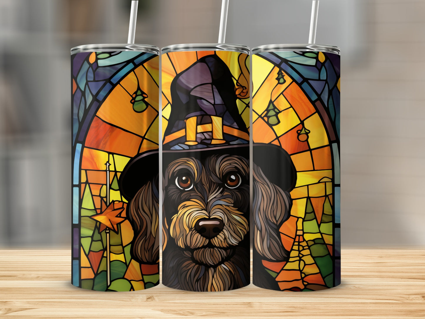 Dachshund in witch hat with stained glass background on three tumblers.