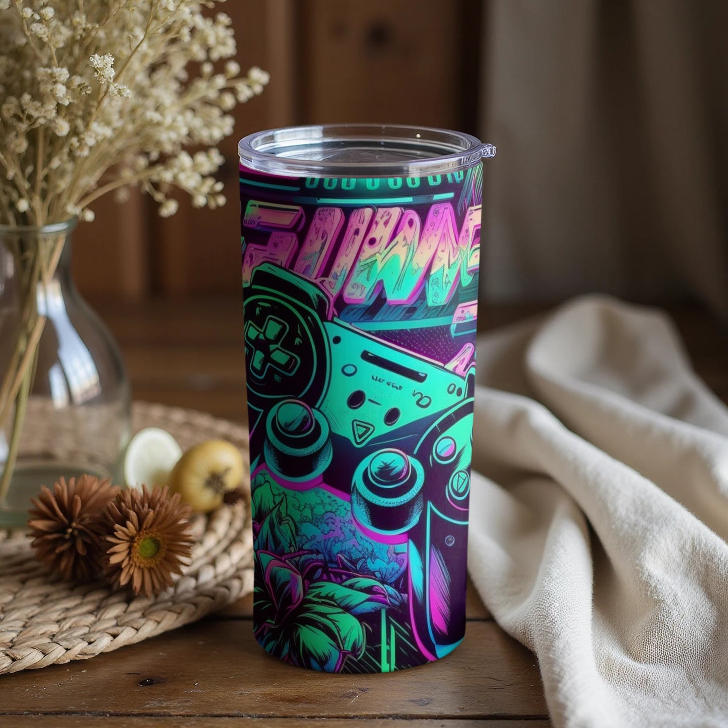 Neon Gamer Controller Art Travel Tumbler