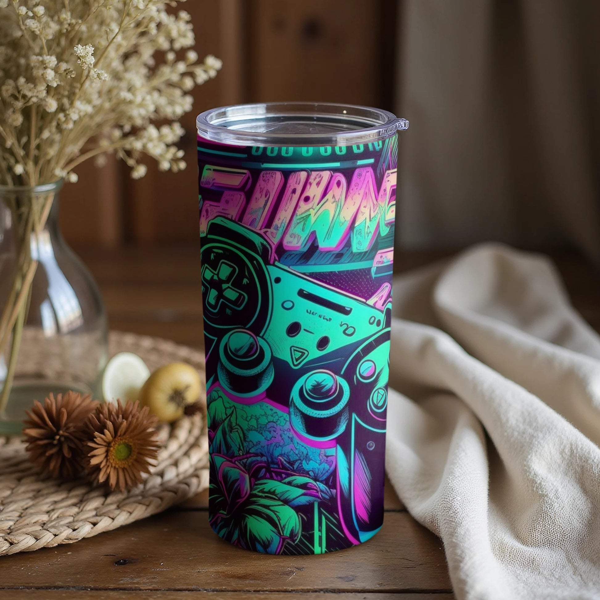 Neon Gamer Controller Art Travel Tumbler