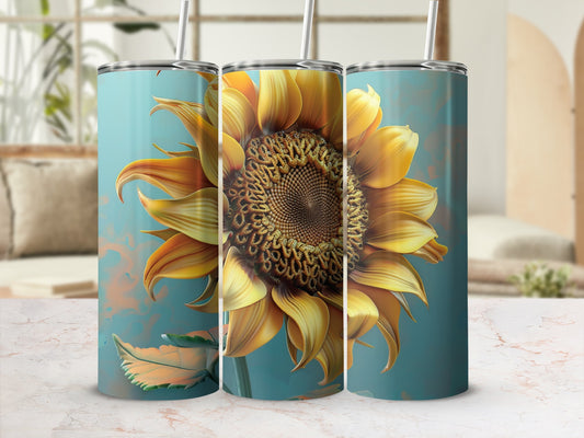 Three tall tumblers with a large sunflower design on a marble surface.