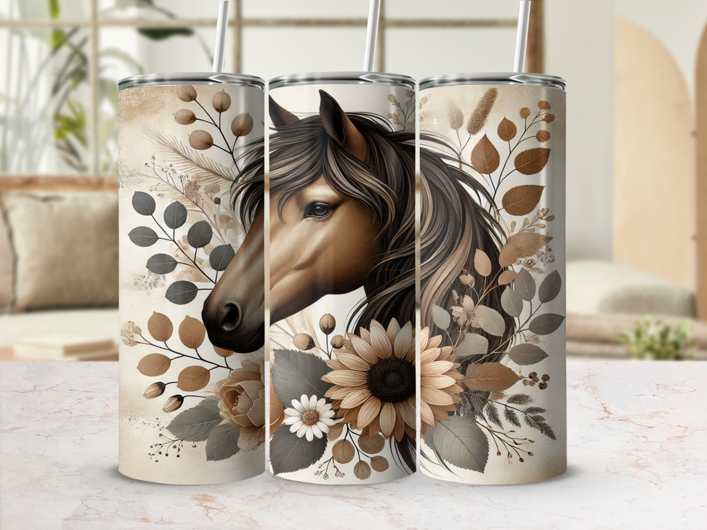 Equestrian Horse and Floral Art Design Tumbler Product