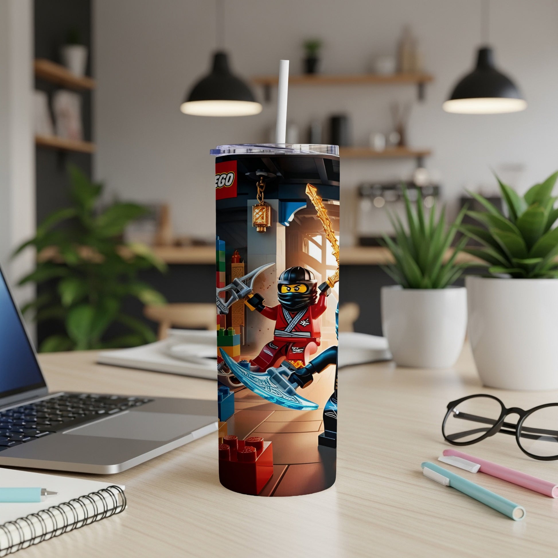 LEGO Ninjago tumbler with Kai on a blue skateboard.