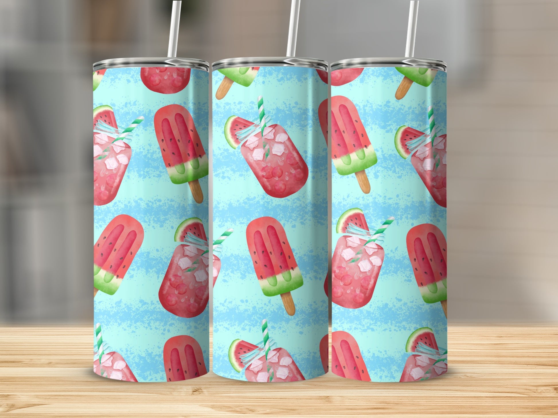 Watermelon popsicles and drinks on a light blue textured background.