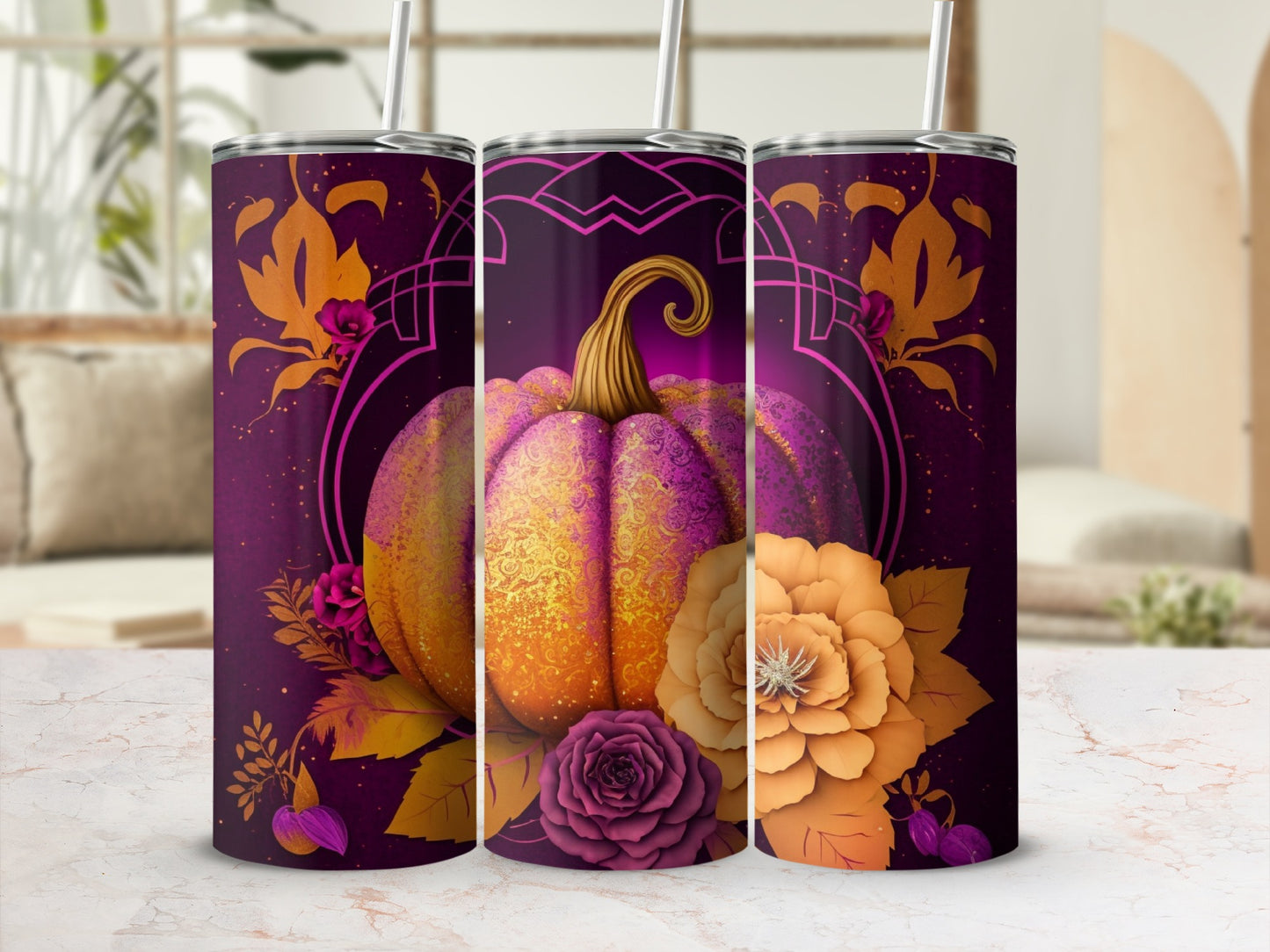 Floral pumpkin tumbler with ornate design and straw.