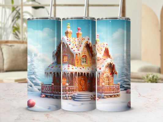 Triptych of a whimsical gingerbread house covered in candy and snow.